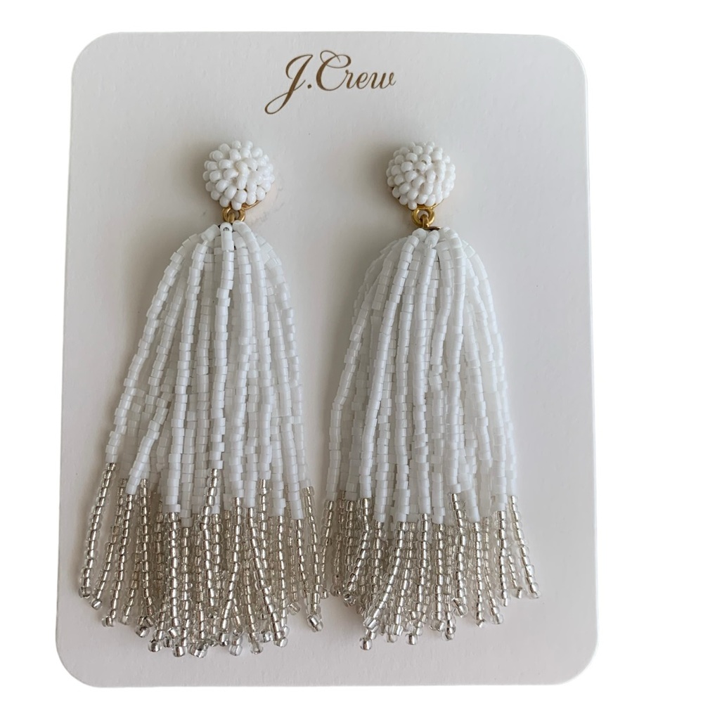 NWT J. Crew White Beaded Tassel Earrings